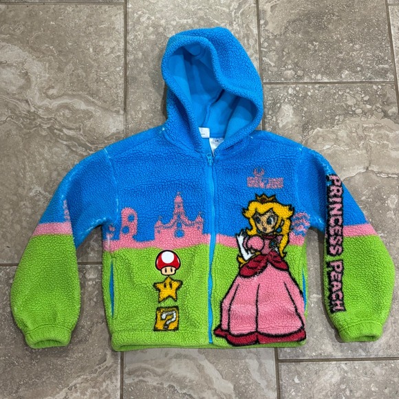 Super Mario Princess Peach Sherpa Fleece Hoodie Jacket Blue Green Girls 7/8